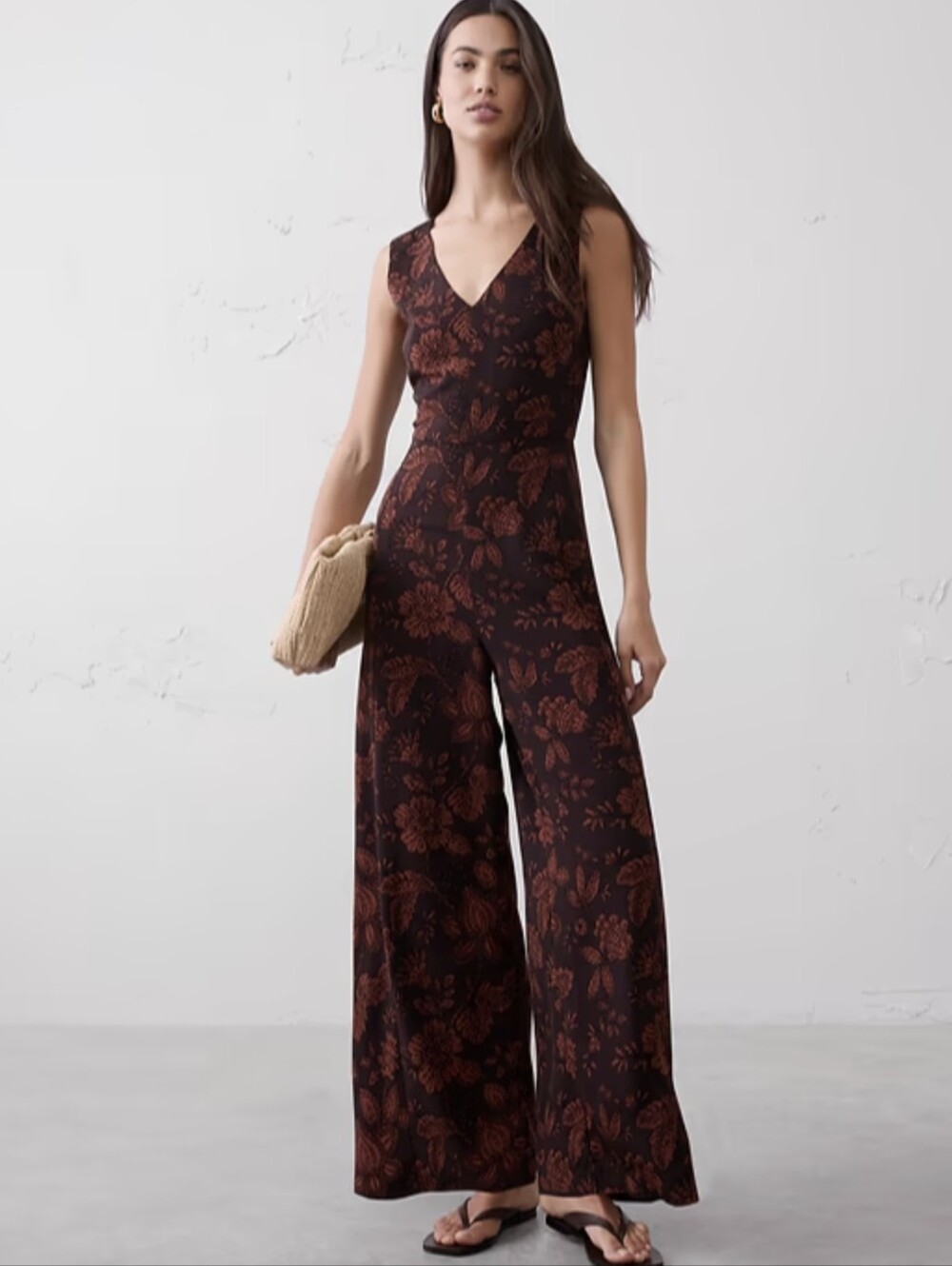 Banana Republic Brown Floral V-Neck Wide-Leg Jumpsuit on Black